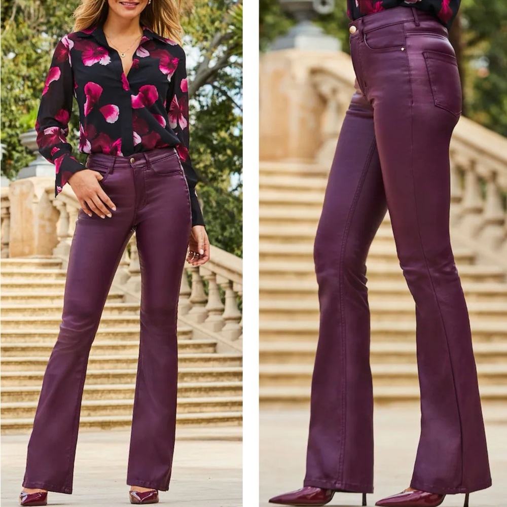 Arula NEW Wine Burgundy Red Wax Coated‎ Kick Flare Stunning Jeans Size 12
